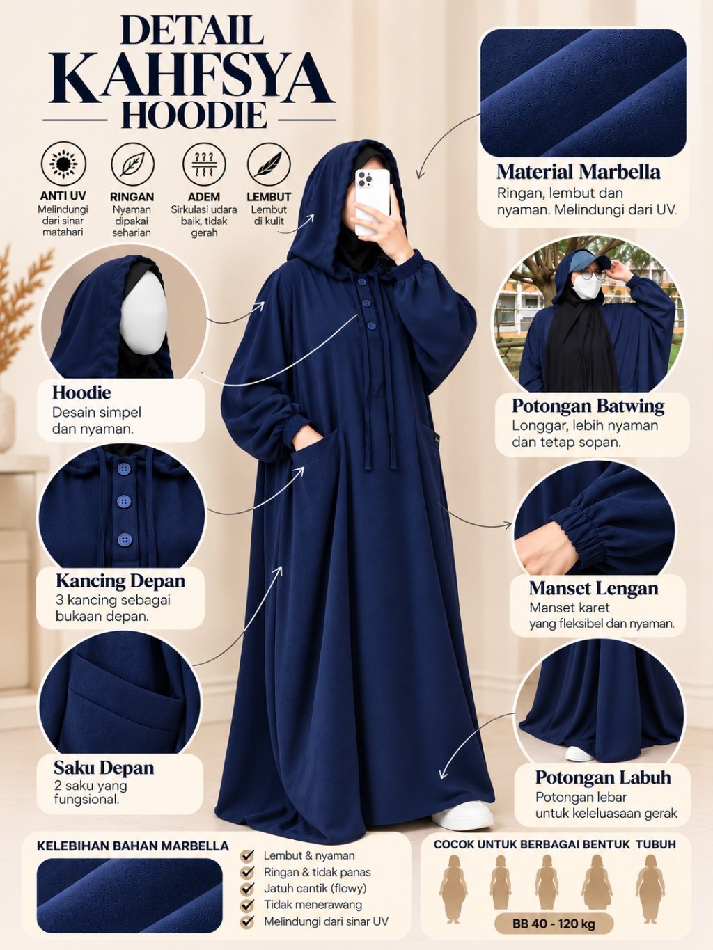 Kahfsya Hoodie Marbella Anti UV/ Abaya Set/Baju Umroh/ Sport Muslimah/ Gamis - Image 4